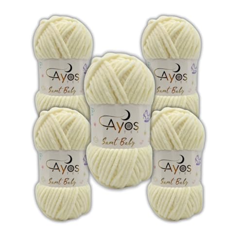 Ayos Samt Baby 120m, 500g (5x100g) I Sahne I 100% Polyester I kuschelweiche Baby Wolle I Flauschwolle I Chenillewolle I zum Häkeln und Stricken von AyosTex