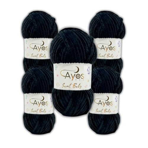 Ayos Samt Baby 120m, 5x100g Chenillewolle I Schwarz I 100% Polyester I kuschelweiche Baby Wolle I Flauschwolle I Pelüschwolle I zum Häkeln und Stricken 10 Schwarz von AyosTex