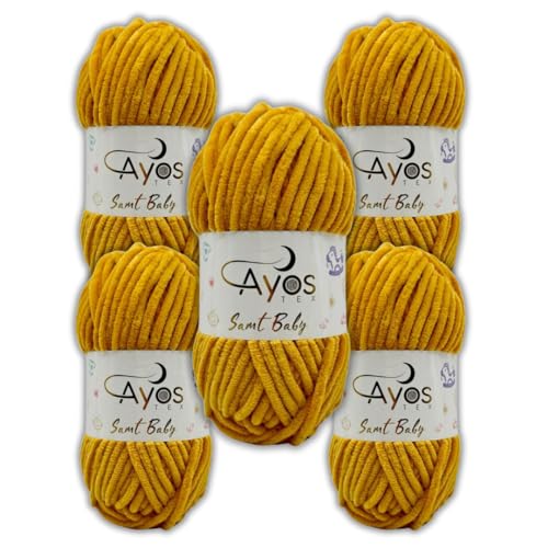 Ayos Samt Baby 120m, 5x100g Chenillewolle I Senf I 100% Polyester I kuschelweiche Baby Wolle I Flauschwolle I Pelüschwolle I zum Häkeln und Stricken 37 Senf von AyosTex