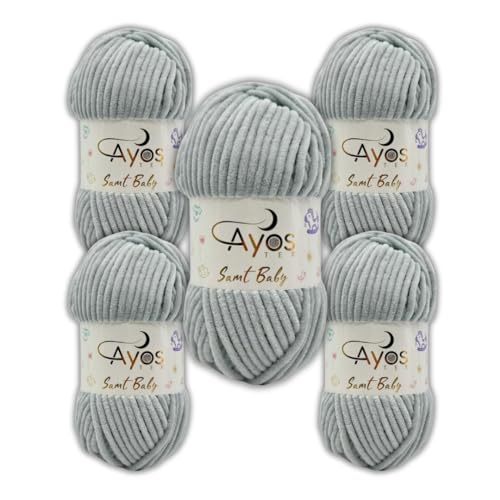 Ayos Samt Baby 120m, 5x100g Chenillewolle I Silber I 100% Polyester I kuschelweiche Baby Wolle I Flauschwolle I Pelüschwolle I zum Häkeln und Stricken 36 Hellgrau von AyosTex