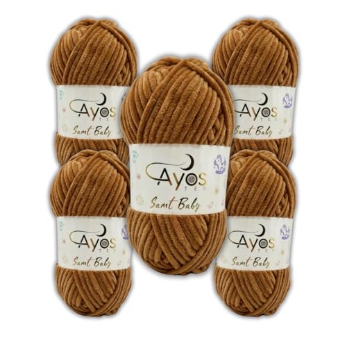 Ayos Samt Baby 120m, 500g (5x100g) I Teddy braun I 100% Polyester I kuschelweiche Baby Wolle I Flauschwolle I Chenillewolle I zum Häkeln und Stricken von AyosTex