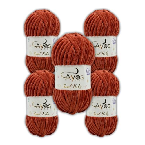 Ayos Samt Baby 120m, 500g (5x100g) I Terracotta I 100% Polyester I kuschelweiche Baby Wolle I Flauschwolle I Chenillewolle I zum Häkeln und Stricken von AyosTex