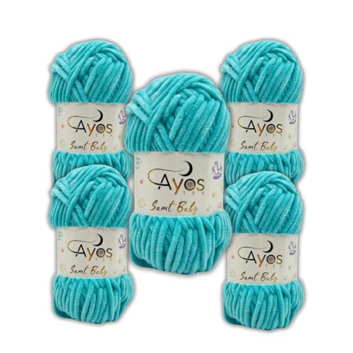 Ayos Samt Baby 120m, 500g (5x100g) I Türkis I 100% Polyester I kuschelweiche Baby Wolle I Flauschwolle I Chenillewolle I zum Häkeln und Stricken von AyosTex