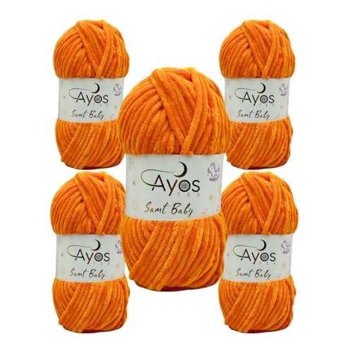 Ayos Samt Baby 120m, 5x100g Chenillewolle I 100% Polyester I kuschelweiche Baby Wolle I Flauschwolle I Chenillewolle I zum Häkeln und Stricken 67 Knalliges Orange von AyosTex