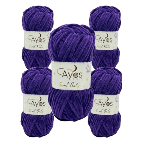 Ayos Samt Baby 120m, 5x100g Chenillewolle I 100% Polyester I kuschelweiche Baby Wolle I Flauschwolle I Pelüschwolle I zum Häkeln und Stricken 16 Lila von AyosTex