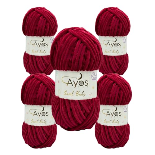 Ayos Samt Baby 120m, 5x100g Chenillewolle I 100% Polyester I kuschelweiche Baby Wolle I Flauschwolle I Pelüschwolle I zum Häkeln und Stricken 20 Weinrot von AyosTex