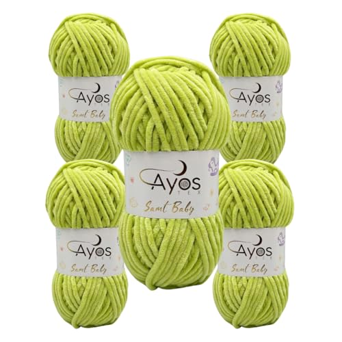 Ayos Samt Baby 120m, 5x100g Chenillewolle I 100% Polyester I kuschelweiche Baby Wolle I Flauschwolle I Pelüschwolle I zum Häkeln und Stricken 46 Pastelgrün von AyosTex