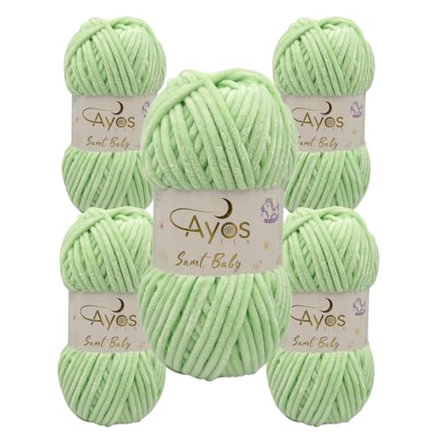 Ayos Samt Baby 120m, 5x100g Chenillewolle I 100% Polyester I kuschelweiche Baby Wolle I Flauschwolle I zum Häkeln und Stricken 23 Mint von AyosTex