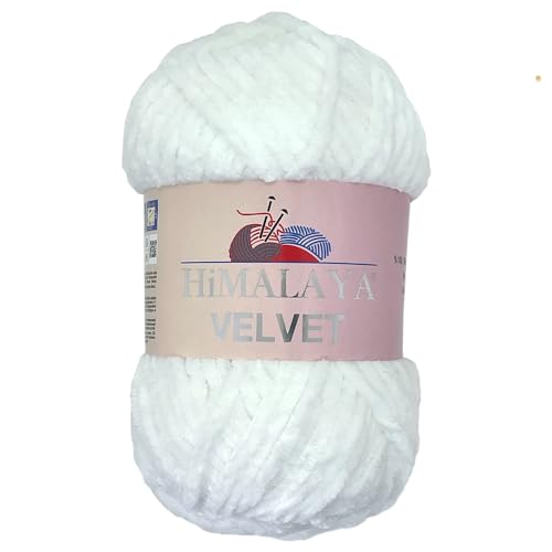 Himalaya Velvet Chenillegarn 120m, 100g I 100% Polyester I Strickgarn I Micropolyester Wolle I Flauschwolle I Chenillewolle I samt Wolle I zum Stricken oder Häkeln (90001 Weiß) von AyosTex