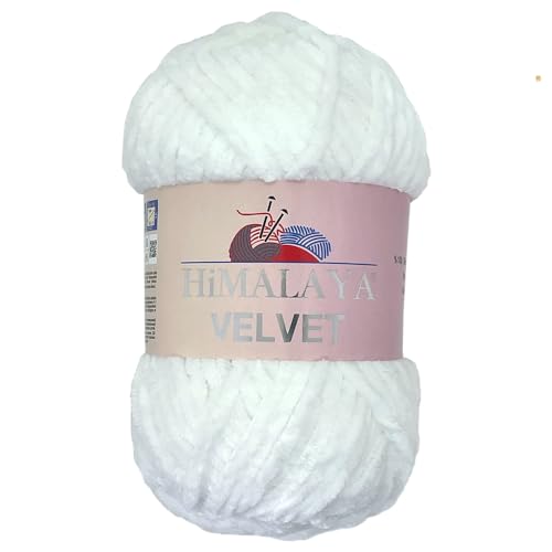 Himalaya Velvet Wolle 120m, 100g I Weiß I 100% Polyester I Strickgarn I Mikropolyester Wolle I Flauschwolle I Chenille I Baumwolle I samt Wolle I zum Stricken oder Häkeln von AyosTex