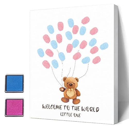 Azbuk Bär Thema Geschlecht offenbaren Fingerabdruck Baum für Babyparty, spezielle Babyparty Gästebuch Party Ideen für, Gender Reveal Party Ideen, Gender Reveal Andenken, Leinwand Dekoration Versorgung von Azbuk