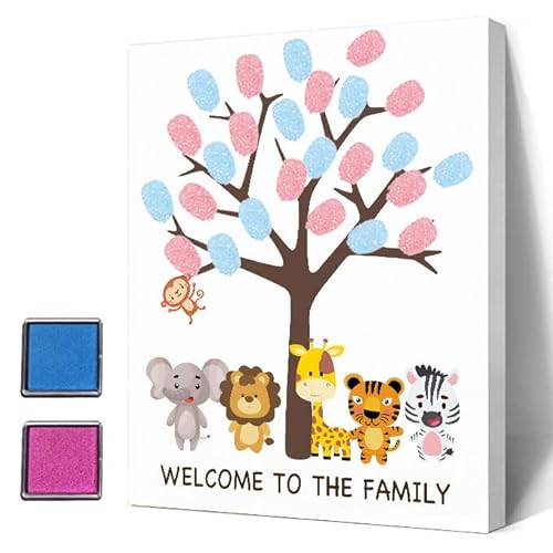 Azbuk Gender Reveal Fingerprint Tree, Cute Animals Baby Shower Guest Book Party Ideas, Gender Reveal Party Ideas, Gender Reveal Keepsake, Canvas Decoration for Baby Shower von Azbuk