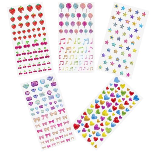 Glitzersteine Selbstklebend, 5 Stück 3D Aufkleber Set für Kinder, Liebesherzen Sterne Schleifen Luftballons Musiknoten Kirschen Erdbeeren Glitzer Sticker, Mädchen Aufkleber für Kinder Handwerke von Azlanway