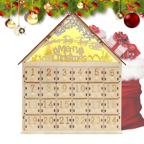 Adventskalender aus Holz mit Schubladen,Adventskalender aus Holz | Beleuchteter Countdown-bis-Weihnachtskalender aus Holz mit 24 Schubladen,Weihnachtsdekoration, Frohe Weihnachten, Adventsbox von Aznever