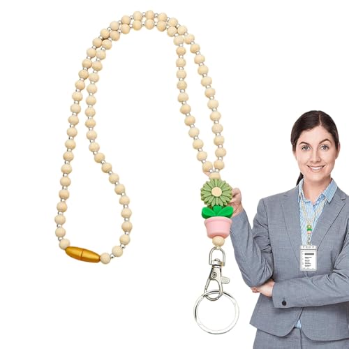 Holzperlen-Lanyards für Frauen, Perlen-Lanyards für Ausweise | Schlüsselbänder aus Blumenholz und Perlen | Süßes Mode-Lehrer-Schlüsselanhänger-Lanyard für Krankenschwester-Abzeichen, von Aznever