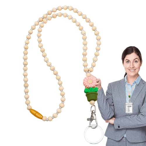 Lehrer-Lanyard mit Ausweishalter, Holzperlen-Lanyards für Frauen,Holzperlen-Blumen-Lanyard für Schlüssel - Niedliches Lehrerschlüssel-Schlüsselband für Freizeit und Urlaub von Aznever