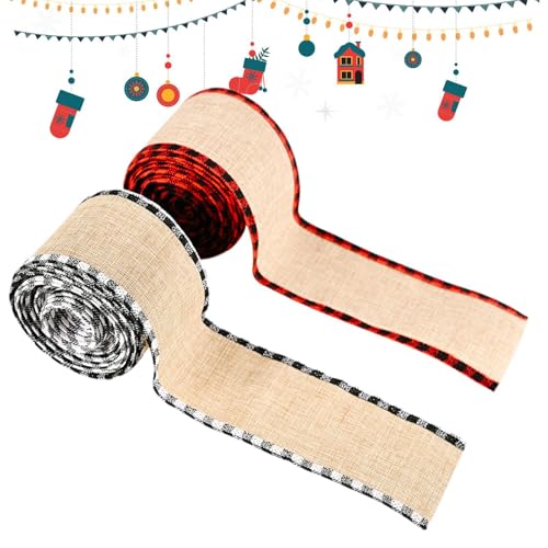 Weihnachts-Bastelband, breites Weihnachtsband | 2 Rollen karierte Weihnachtsbaumfolie mit Drahtrand,6 Yards Weihnachtsstoffbänder, Weihnachtsdekorbänder für die Weihnachtsdekoration von Aznever