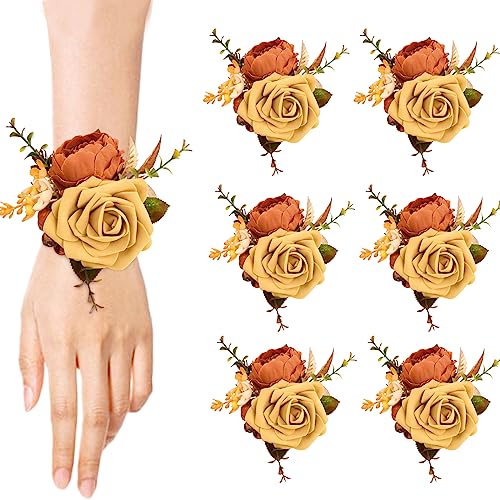 Blumenarmband Hochzeit Handgelenk Corsage Rosen Blumen Armband, 6 Stück Rose Flower Corsage, Brautjungfer Braut Handgelenk Blumen Ansteckblume Künstliche für Hochzeiten, Abschlussbälle, Partys von Azonelife