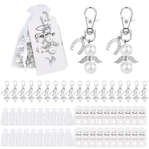 Schutzengel Anhänger Set, 20 Stück Schlüsselanhänger + Organza Beutel + Kraftpapier Anhänger für Abschiedsgeschenk Glücksbringer Gastgeschenke Taufe Hochzeit Konfirmation (20 Stück Weiß) von Azonelife