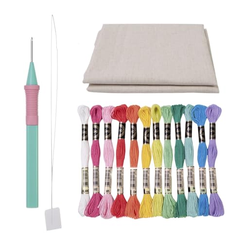 Azxcvbnm Stanznadel-Set für Stickerei, Handwerk, Anfänger, Stickset mit Stickstift, Stoff, 12 Farben, Garneinfädler von Azxcvbnm