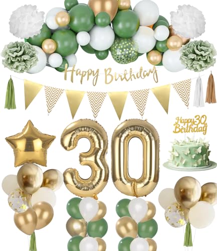 30 Geburtstag Deko,Deko 30 Geburtstag Frau,30. Geburtstag Deko Banner Männer Frauen,Konfetti Pompoms 30 geburtstag frauen Deko Lange Banner Grün Gold Hintergrund ,Geburtstagsdeko 83pcs für Frau Mann von Azyvum