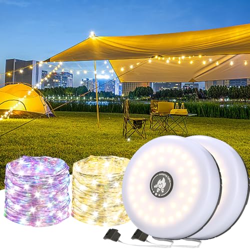 2er-Pack Camping Lichterkette Aufrollbar, Tragbare Wiederaufladbare LED Lichterkette mit 8 Beleuchtungsmodi,Lichterketten Außenbereich Für Outdoor Camping Hof Dekor Lichterkette von Azyvum