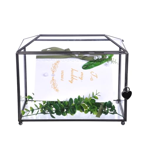 Bellaware Hochzeitskartenbox aus Glas mit Schlitz für den Empfang, transparente große Hochzeitsgeschenkbox mit Schloss, handgefertigte Hochzeits-Erinnerungsbox, geometrisches Dekor (25,9 x 15 x 20,1 von B BELLAWARE