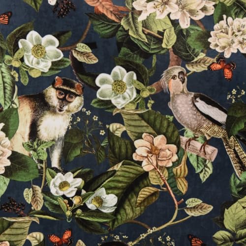 Samtstoff Dekostoff Italian Velvet Affe Vogel blau von B&B