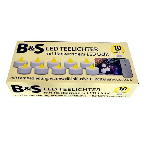 B & S 10er Set LED Teelichter Kerzen mit flackerndem Licht und Fernbedienung von B & S