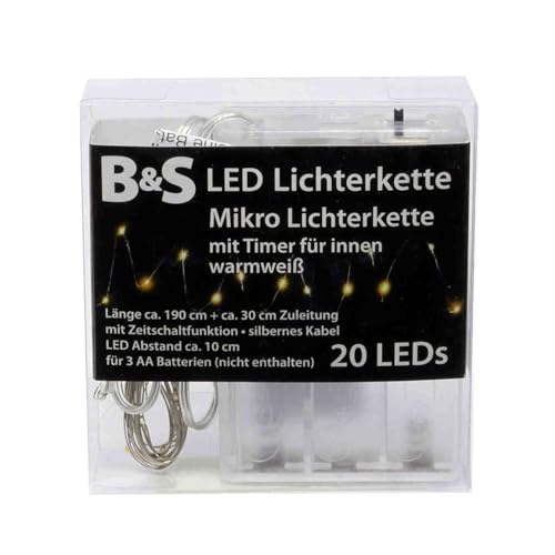 B & S 20 LED Mikro Lichterkette mit Zeitschaltfuntkion Batterie für Innen von B & S