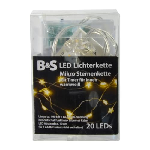 B & S LED Batterie Mikro Sternen Lichterkette mit 20 LEDs warmweiß Innenbereich von B & S