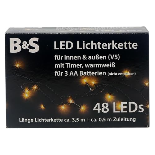 LED Lichterkette 48 LEDs warmweiß Batteriebetrieb - 8 Std Timer Innen & Außen von B & S