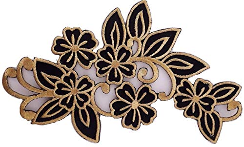 Aufnäher Patch Applikation floral Blumen Motiv Set Gross zum aufbügeln aufnähen schwarz Gold 1 STK je 18 x 8.5 cm von B2SEE