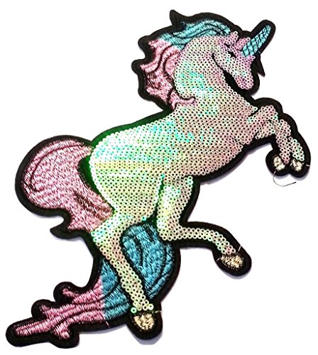 B2SEE Strass Glitzer Aufnäher Aufbügler Bügelbilder Einhorn groß Kinder Iron on Patches Applikation mit Pailletten für Frauen Kinder Kleider zum aufnähen Gltzer Einhorn 28 x 16 cm Gross von B2SEE