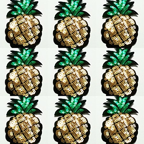 Glitzer Pailletten Bügel-Aufnäher Bilder Iron on Bügel-Patches Bügel-Applikation Aufbügler Set mit Pailletten Glitzer 9 Stück Ananas 8 x 5 cm von B2SEE