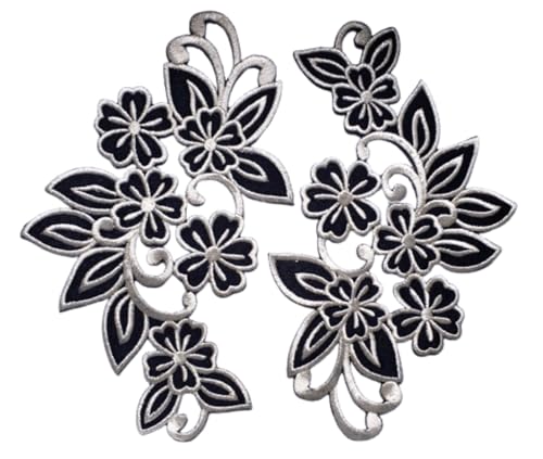 Iron on Bügel Blumen Aufnäher Aufbügler Patches Flicken Sticker Bügelbilder Applikation groß Set Kleidung Blume 15 cm 2 STK schwarz Silber je 18 x 9 cm (Spiegelseitig) von B2SEE