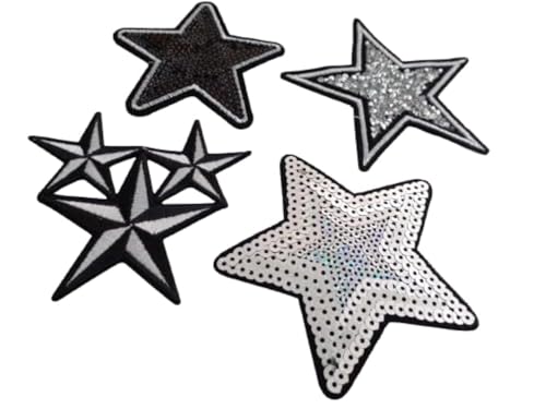 Strass Glitzer Stern Sterne Aufnäher Patches Applikationen mit Strass Pailletten Glitzer Set groß zum aufbügeln " 4 Stück Glitzer- Sterne je 8-10 cm " von B2SEE