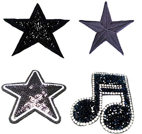 Strass Glitzer Stern Sterne Aufnäher Patches Applikationen mit Strass Pailletten Stern-e Set Strass Schwarz groß Glitzer zum aufbügeln 4 Stk im Set von B2SEE