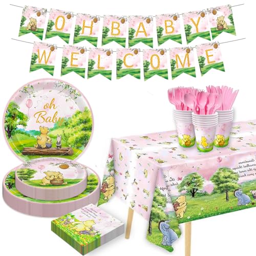 177-teiliges rosa Winnie Bear Babyparty-Puuh-Partyzubehör Dekorationen Oh Baby Teller und Servietten Geschirr-Set für Jungen Mädchen Neugeborene Kinder Tassen Tischdecke Banner Geburtstagsdekorationen von B4b3e