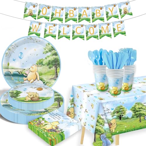 177pcs Blau Winnie Bear Baby Shower Pooh Party Supplies Dekorationen Oh Baby Teller und Servietten Geschirr Set für Jungen Mädchen Neugeborene Kinder Tassen Tischdecke Banner Geburtstag Dekorationen von B4b3e