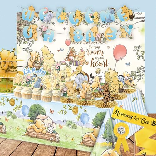 Classic Winnie Baby Shower Decorations Kit, All-in-1 Vintage Winnie Party Supplies Decorations, Classic The Pooh Backdrop Cake Topper, Winnie Baby Tablecloth Honeycomb Decorations for Baby Shower von B4b3e