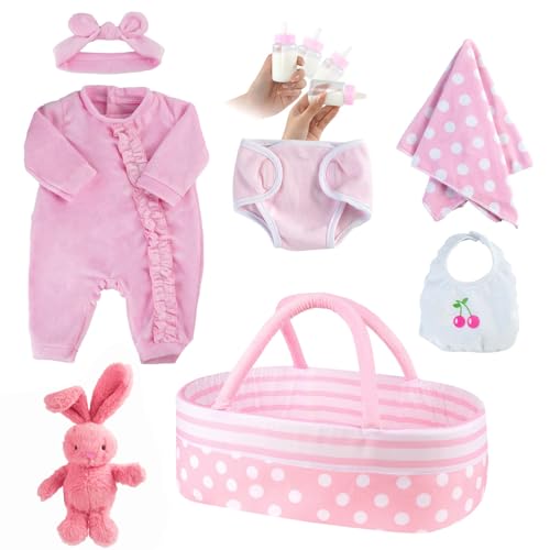 BABESIDE Reborn Puppen Zubehör mit Stubenwagen für 17-22 Zoll Realistisches Baby Puppe, Reborn-Baby Puppen Kleidung Outfit Zubehör passen Lifelike Baby Puppe (8 Pcs,Pink Girl) von BABESIDE