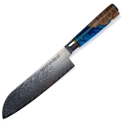 BABOSSA Meat 'n' Great Aquarell Santoku mit 17,9cm Klinge aus VG10 Damaststahl | Profi Santoku mit Griff aus Epoxidharz und Holz | 31cm Gesamtlänge von BABOSSA