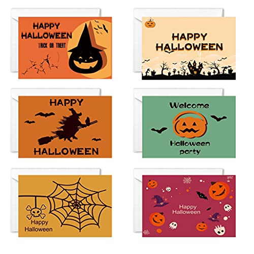 BABYVIVA 6 Stück/Set Halloween Grußkarten Mit Umschlägen Aufkleber Happy Halloween Hexe Fledermaus Designs Postkarten Einladungen Partyzubehör von BABYVIVA