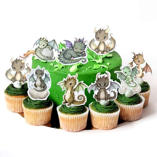 24 PCS Drachen Party Cupcake Toppers Drachen Geburtstag Party Dekoration Fantasy Dragon Tortendekorationen für Flying Dragon Babyshower Supplies von BACH AND BOUJEE