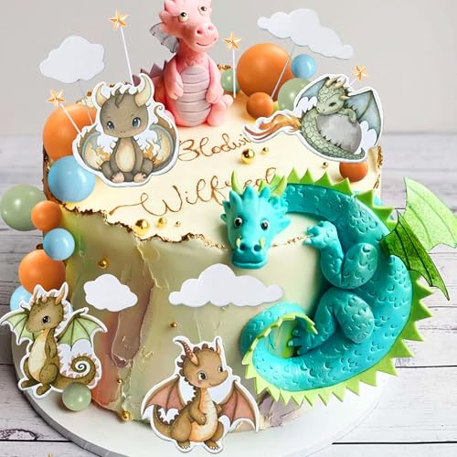 Drachen Party Tortendekoration Cupcake Toppers Drache Geburtstag Party Dekoration Fantasy Dragon Tortendekorationen für Flying Dragon Babyshower Supplies von BACH AND BOUJEE