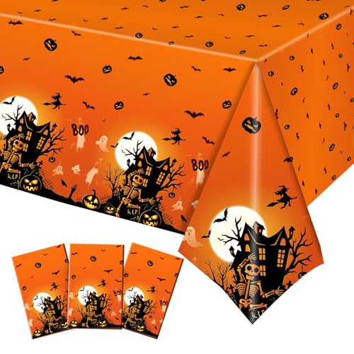 BACOKEY Halloween-Tischdecke aus Kunststoff, Einweg-Halloween-Tischdecke für Halloween-Party-Dekorationen, Kürbis-Jagdhaus, 274,3 x 137,2 cm, 3 Stück von BACOKEY