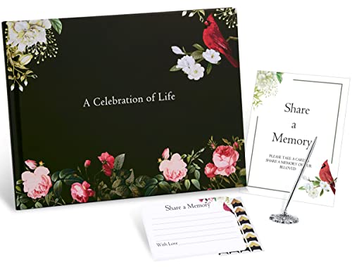 BADAWEN Funeral Guest Book, Celebration of Life Guest Book for Hardcover Green Cardinal Memorial Service Registry Decorations, Silver Pen and Memory Table Card Sign Included, Set of 5 von BADAWEN