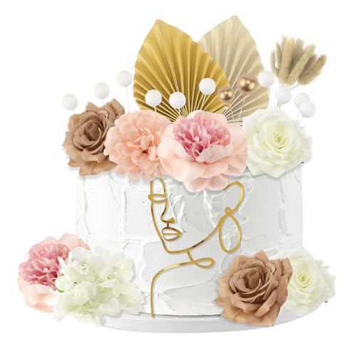 33 Stück Tortendeko Blumen Boho Kuchen Deko Lady Face Cake Topper Set Kuchendekoration Gold Palmblätter Kugeln für Hochzeit Geburtstag Party von BAERTMY