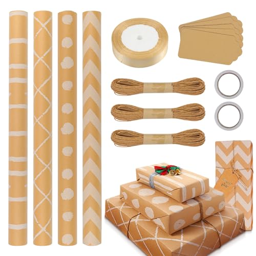 Geschenkpapier Set 4 Rolls 43cm x 3M Kraftpapier Rolle Gift Wrapping Paper Neutral Recyclingpapier mit Etiketten Klebeband Bindfaden Farbband von BAERTMY